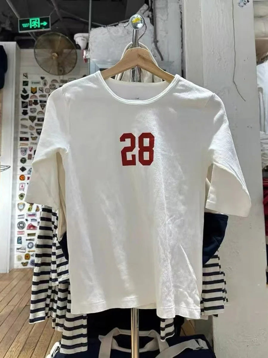 NO.28 Print Half Sleeve T-shirt Women Summer Cotton Simple O-neck Slim Tee Shirt Female Sweet Cute Preppy Style Y2K Crop Top New