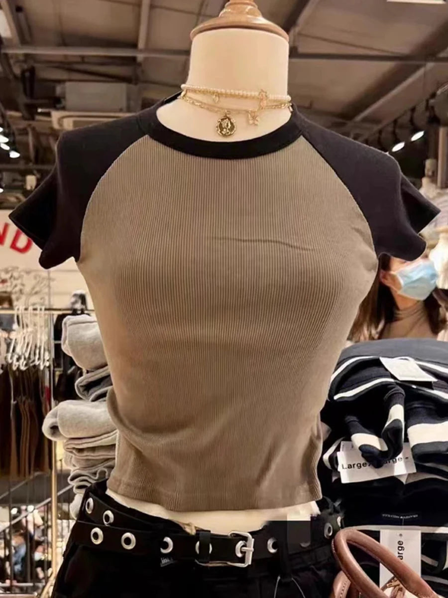 Vintage Brown Patchwork Ribbed Crop Tops Female Summer Cotton O-neck Slim Casual Short Sleeve Tee Harajuku Sweet Chic T-shirts