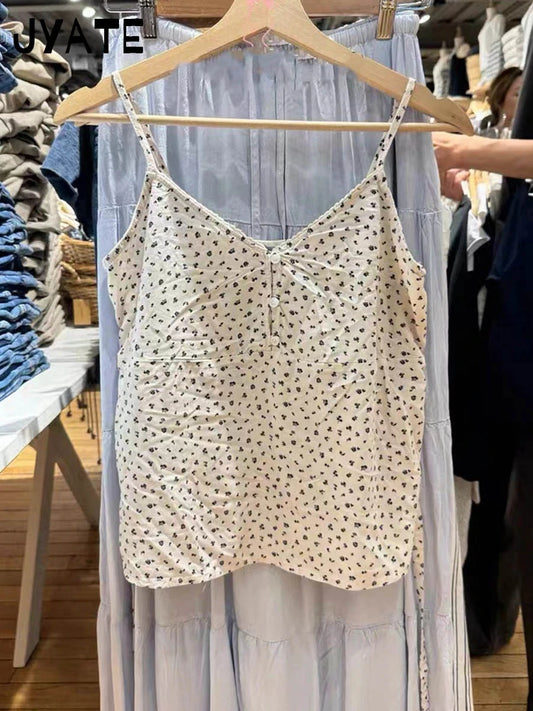 Floral Print Buttons V-neck Tank Tops Women New Casual Streetwear Cotton Preppy Sleeveless Vests Sweet Cute Vintage Camisole Y2K