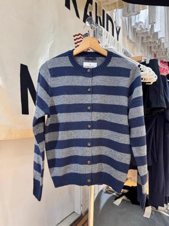 Sweet Red Striped Knitted Sweater Cardigan Women Round Neck Single Breasted Cotton Knitwear Preppy Style Sweaters Coat Tops Y2K