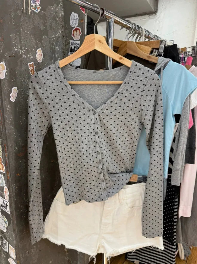 Polka Dot V-neck Long Sleeve Tees Women Casual Streetwear Simple Cotton Slim Buttons Tops Vintage Sweet Cute Tshirts Y2K