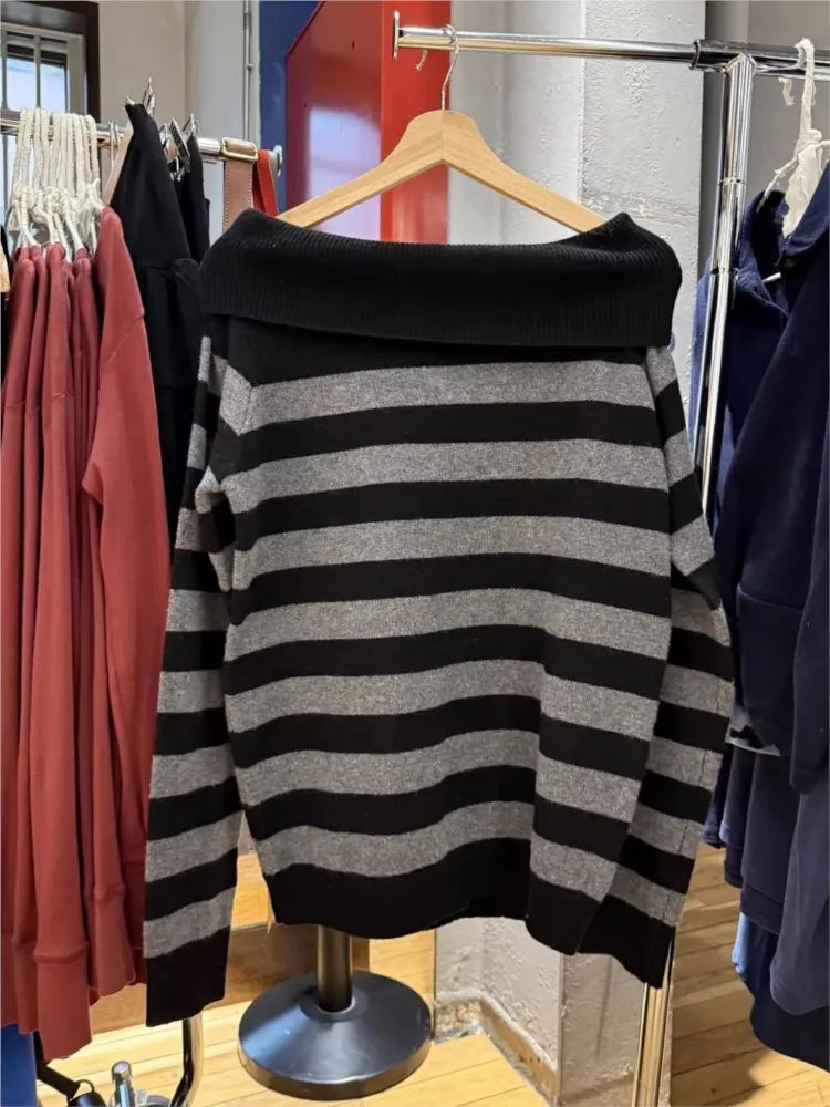 Slash Neck Striped Sweaters for Woman Spring Black Grey Long Sleeve Knitted Pullover Top Casual Vintage Preppy Style Jumper