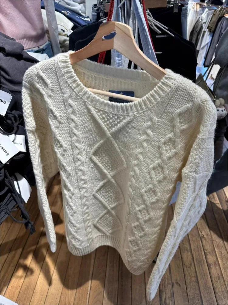 Sweet Beige Twist Flower Knit Sweater Woman Autumn Round Neck Long Sleeve Jumper Casual All-match Pullover Preppy Style Sweaters