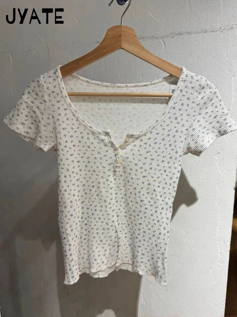 Sweet Blue Floral Waffle O-neck T-shirts Women New Casual Simple Buttons Slim Short Sleeve Tees Preppy Style Cute Y2K Crop Tops