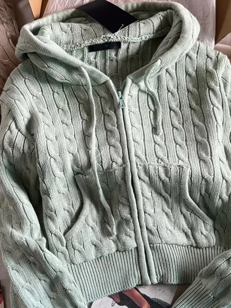 Simple Solid Twisted Flower Knit Cardigan Sweater Women Autumn Long Sleeve Pocket Hooded Zipper Coat Sweet Preppy Style Knitwear
