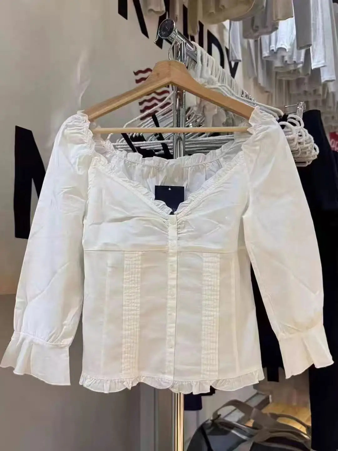 Sweet White Ruffles Button T-Shirt Blouse Women Summer Sexy V-neck Lace Trim Single Breasted  Half Sleeve Tees Simple T-shirts