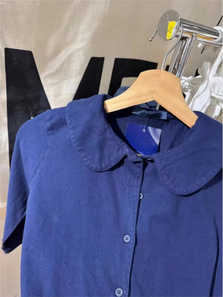 Cute Navy Button BabyDoll Tops Women New Cotton Casual Turn-down Collar Half Sleeve Tees Female Y2K Sweet Preppy Style T-shirts