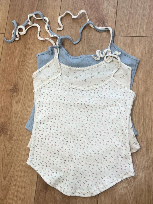 Floral Eyelet V-neck Halter Tank Tops Women Summer New Casual Sexy V-neck Slim Camisole Female Sweet Preppy Style Cute Crop Top