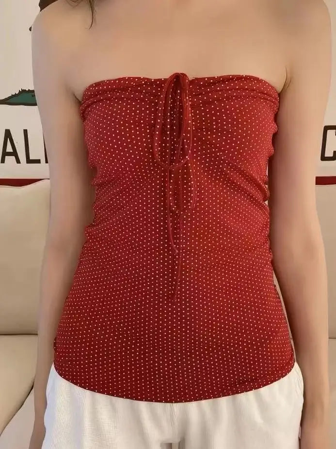 Red Dot Print Drawstring Folds Strapless Tank Top Women Cotton Slim All-match Camisole Sweet Harajuku Preppy Style Vest Y2K Tops