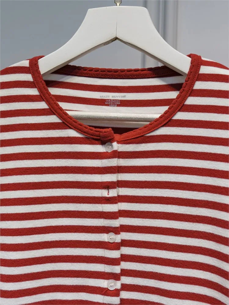 Simple Striped Slim Long Sleeve T-shirt Women Lace Trim O-neck Single Breasted Cotton Tee Shirts Sweet Cute Preppy Style Top New