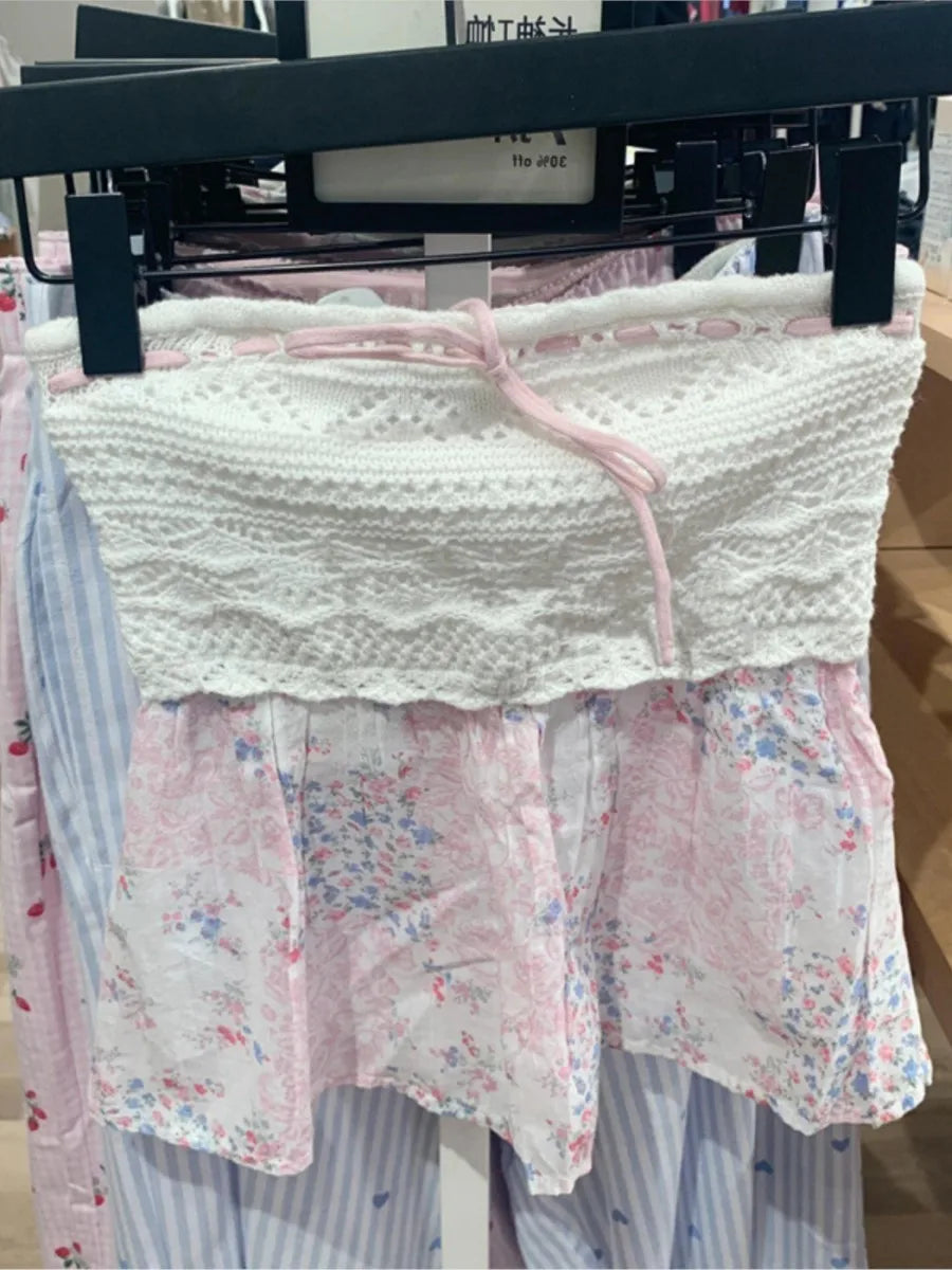 Sweet Knitted Patchwork Tube Tops Woman Lace-up Strapless Floral Hem Slim Cropped Camisole Female Streetwear Sexy Crop Top Y2K