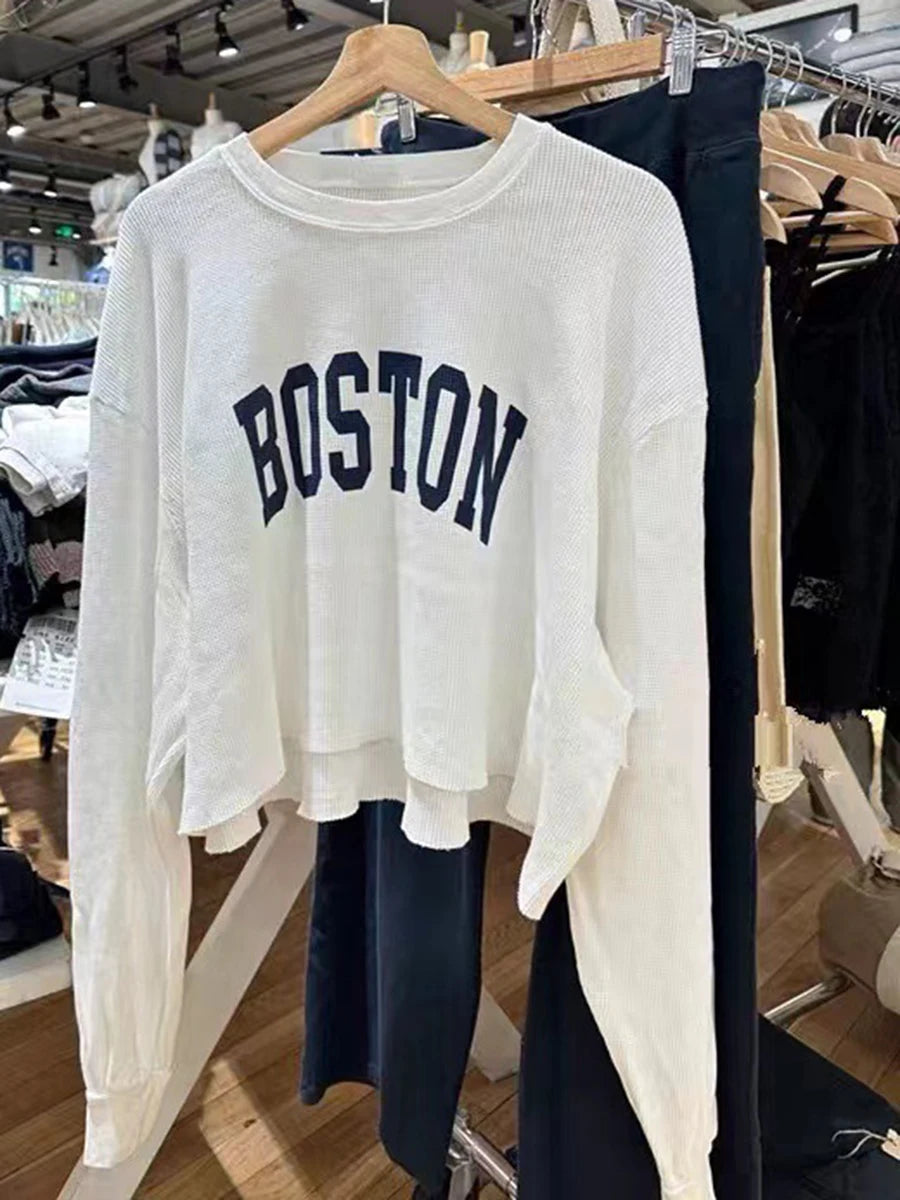 Waffle Letter Print Loose Long Sleeve Tees Women New Cotton White Raw Hem O-neck Tops Female Fashion Vintage Chic Y2K T-shirts