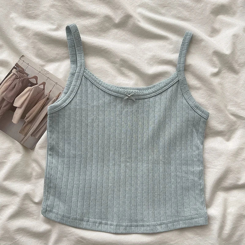 Lace Trim Solid Slim Eyelet Tank Tops Women Summer New Bow Preppy Style Sleeveless Vests Basic Sweet Cute Camisole Y2K Clothes