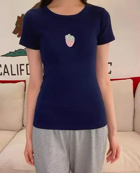 Sweet Strawberry Appliques T-shirt Women Summer Navy Cotton O-neck Short Sleeve Tee Shirts Cute Preppy Style Tshirt Y2K Tops New
