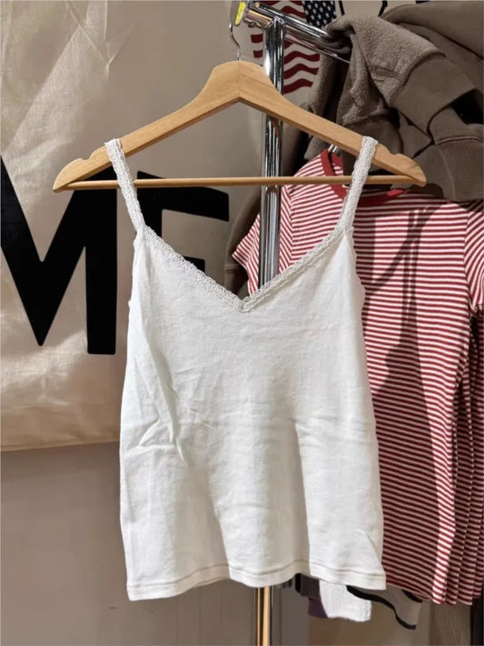 White Lace Trim Slim Tank Top for Woman Summer V-neck Cotton Crop Tops Female Casual Sweet All-match Preppy Style Camisole y2k