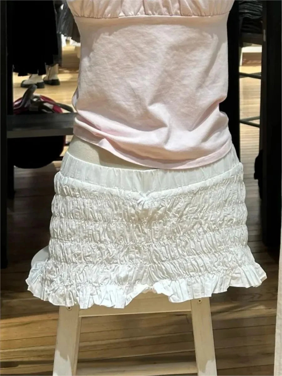 Sweet Folds Ruffles Straight Shorts Women Summer New Bow Elastic Low Waist Short Pants Cute Preppy Style Balletcore Bottoms Y2K