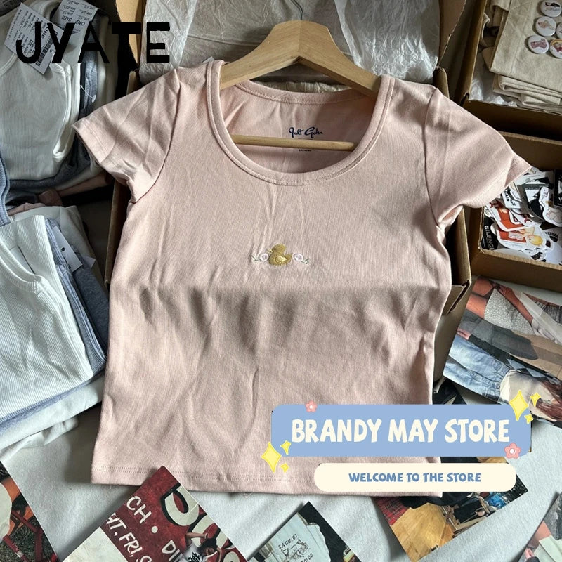 Cute Cartoon Yellow Little Duck Embroidery T-shirts Women White Cotton Casual Slim Short Sleeve Tees Sweet Y2K Vintage Crop Tops