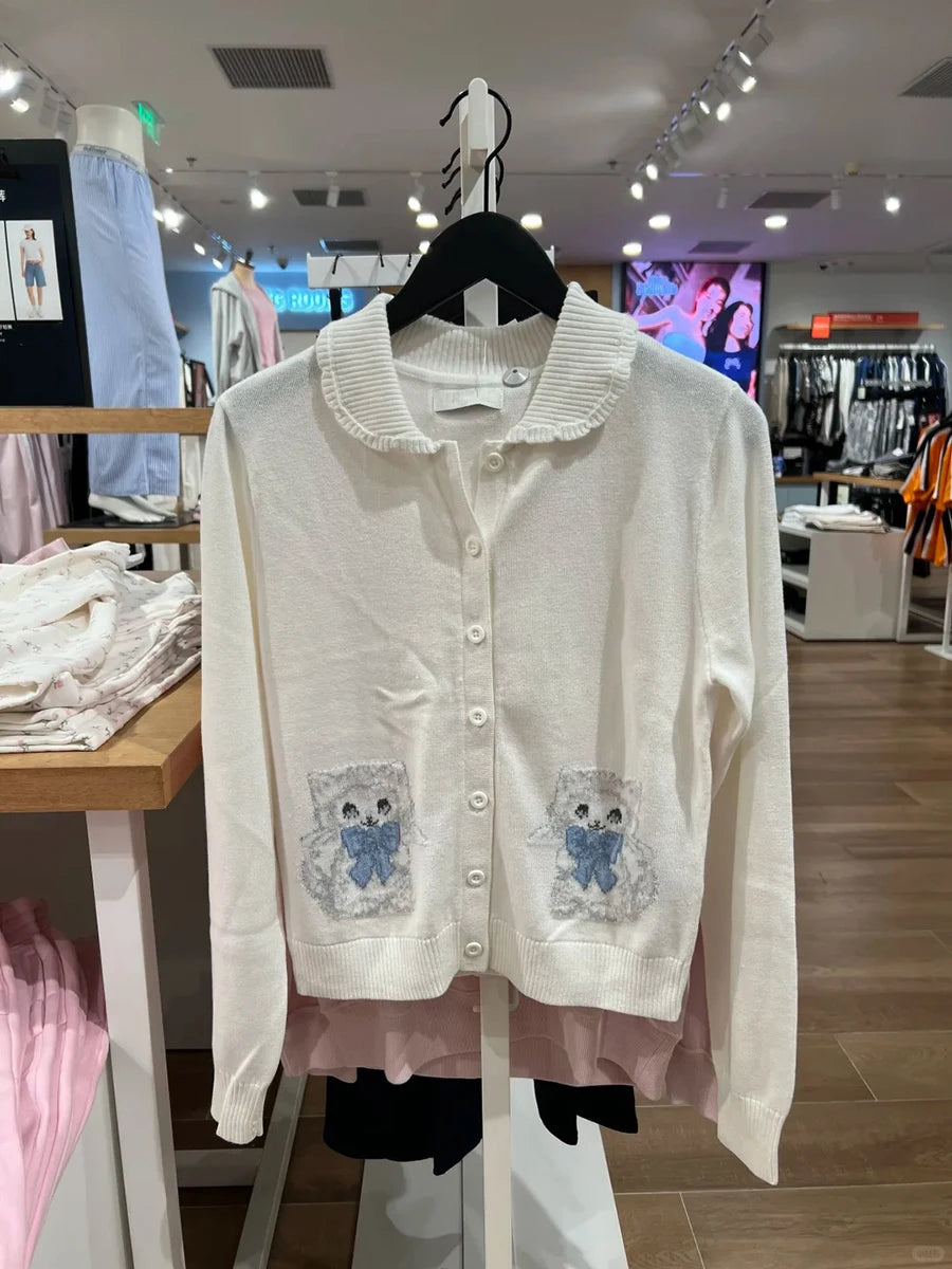 Simple Pockets Slim Knitted Sweater Cardigan Woman O-Neck Long Sleeve Cotton Sweaters Sweet Preppy Style Knitwear Coat Y2K Tops