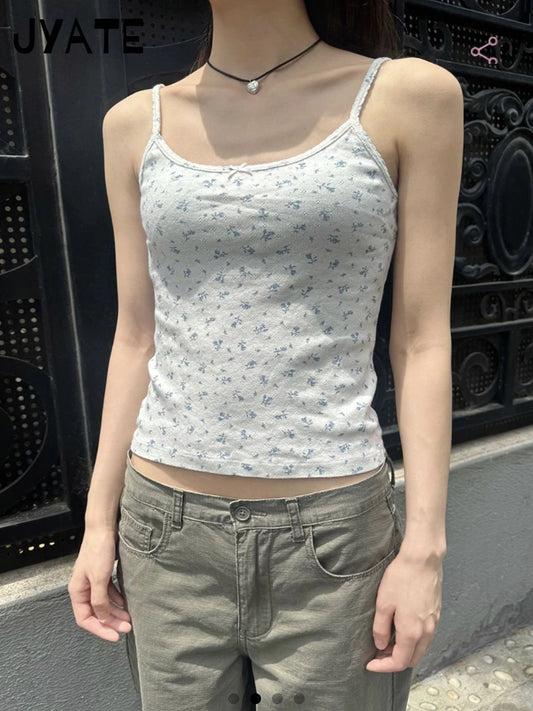Chic Blue Floral Print Bow Sleeveless Vests Women New Cotton Soft Casual Slim Cropped Camisole Sweet Cute Vintage Tank Tops Y2K