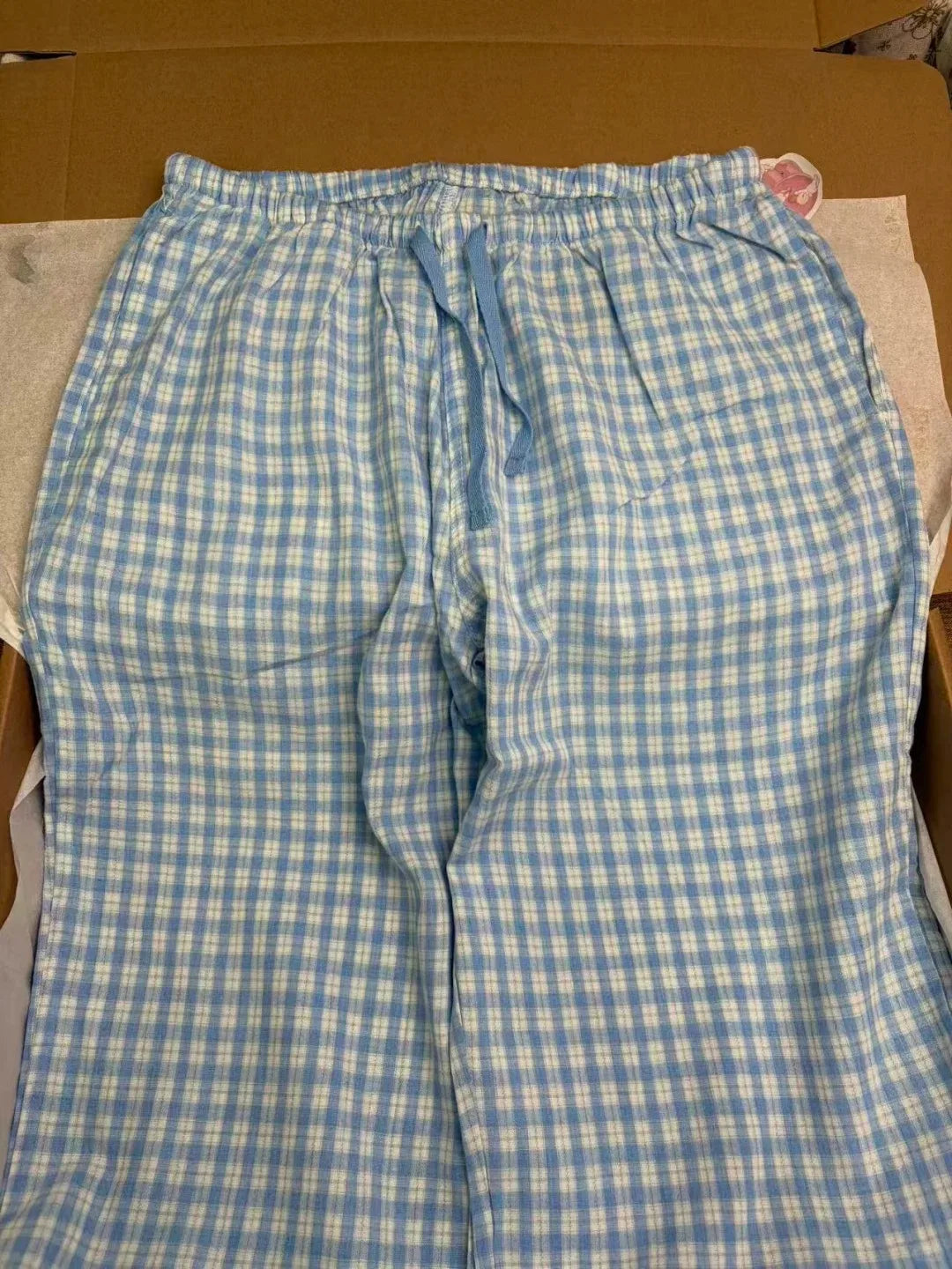 Sweet Blue Plaid Straight Pants Women Summer Chic Drawstring Low Waist Trousers Female Preppy Style Cozy Cotton Long Pant Y2K