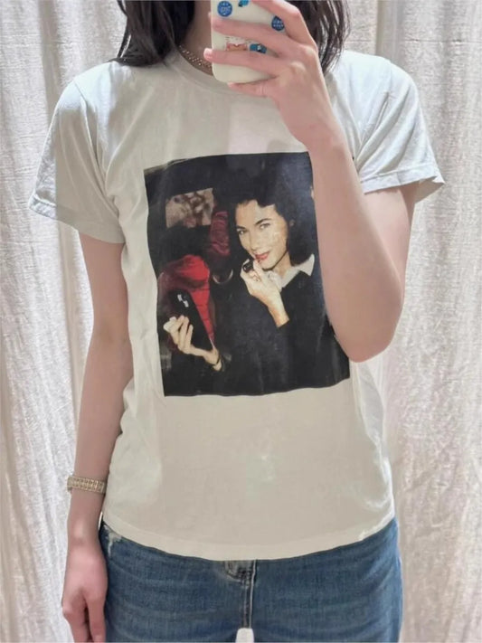 Vintage Portrait Print T-shirt Women Summer New Oversize Round Neck Short Sleeve Tees American Loose Streetwear Tops Y2K Female