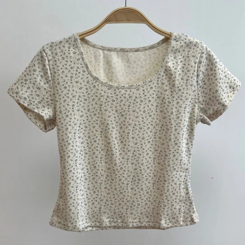 Floral Print Eyelet Short Sleeve Tee Women New Casual Streetwear Slim Cropped Tops Girl Sweet Cute Preppy Style T-shirts Y2K Top