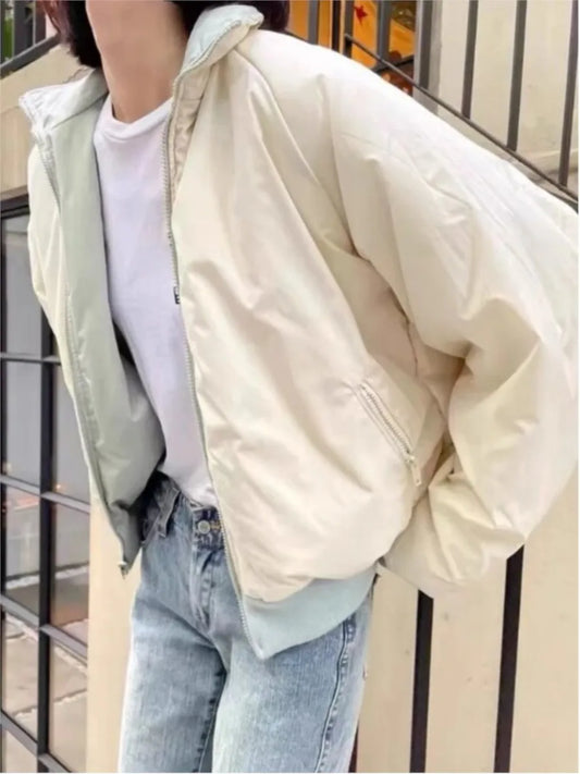 Sweet Double-sided Loose Jacket Women Stand Collar Solid Cotton Warm Casual Outerwear Street Vintage Chic Jackets Tops Female