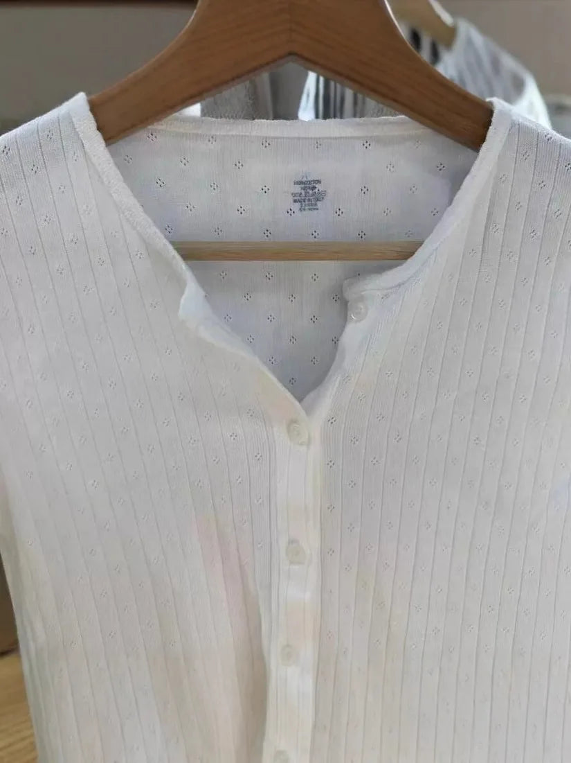 Lace Trim White Eyelet Slim T-shirt Women New Basic O-neck Single Breasted Cotton Long Sleeve Tee Shirts Sweet Cute Vintage Tops