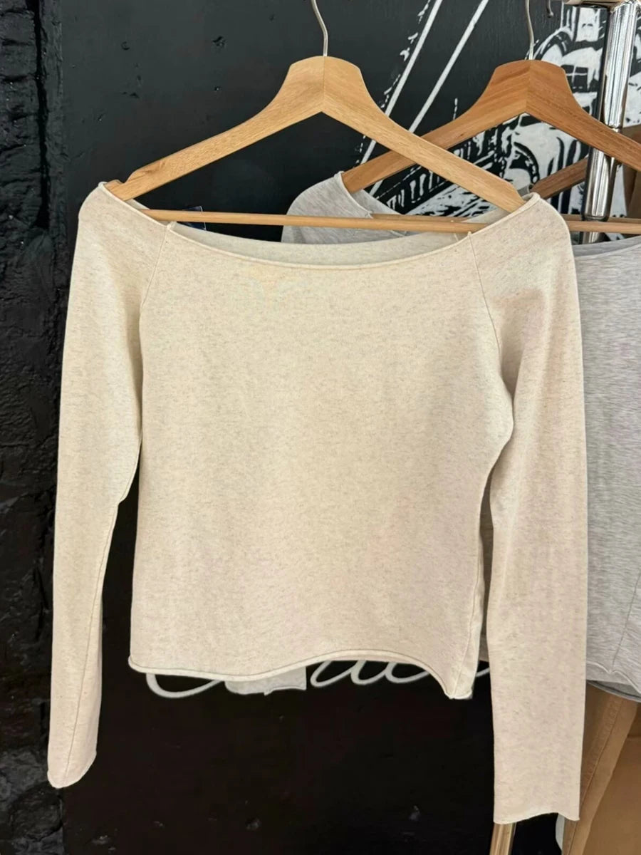 New Retro Gray Long Sleeve Tees Women New Autumn Casual Streetwear Slash Neck T shirt Top Vintage Chic Sexy T-shirts Clothes Y2K
