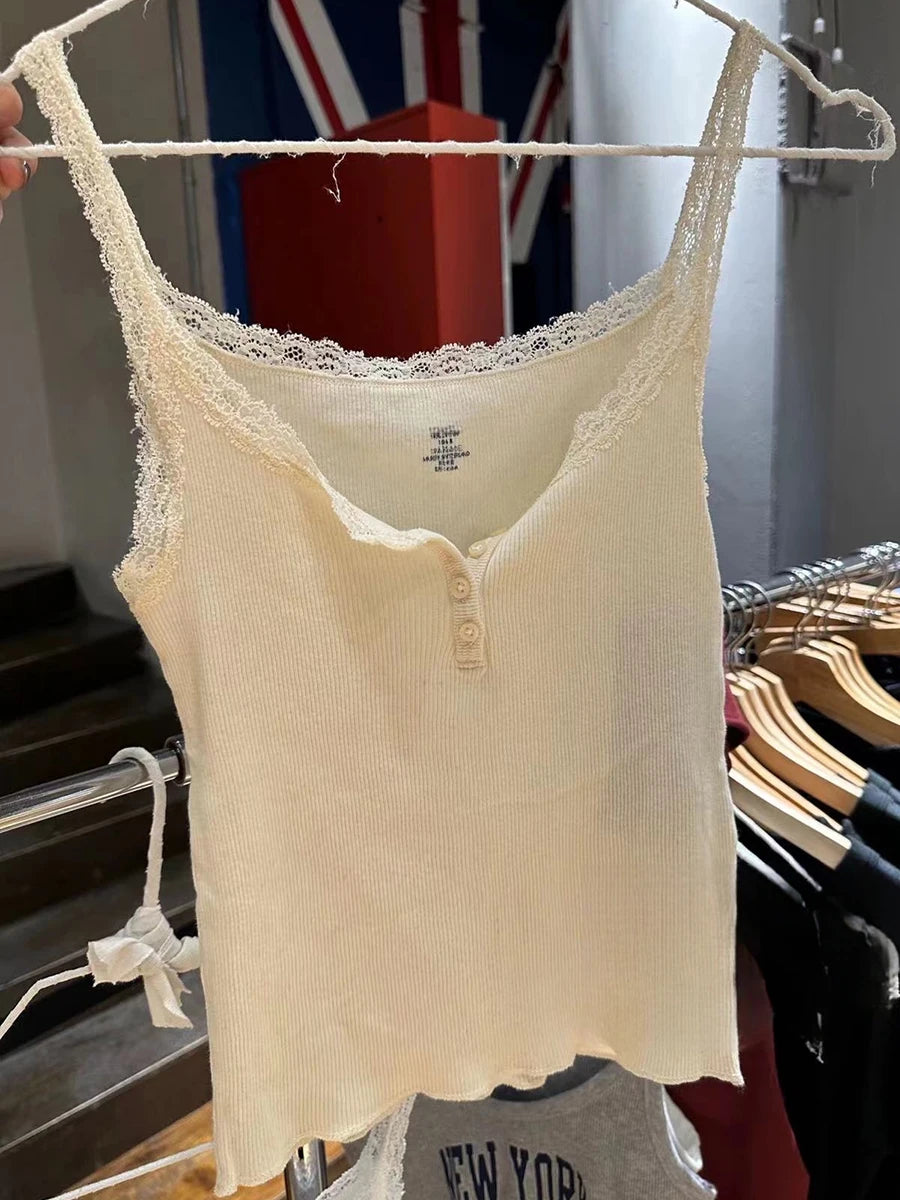 White Lace Trim Patchwork Sleeveless Vest Women New Buttons Cotton Ribbed Basic Tank Tops Female Sweet Chic Vintage Camisole Y2K