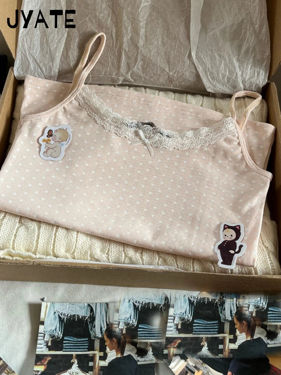 Heart Print Pink Slim Sexy Cropped Vests Women Summer Cotton Soft Preppy Style Sleeveless Tank Tops Sweet Cute Casual Camis Y2K