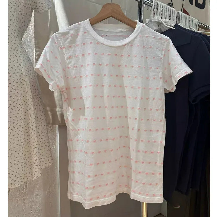 Pink Heart Print T-shirt Shorts Sets Women Cotton O-neck Slim Tees +Buttons Straight Sweatshort Sweet Cute Home 2 Pieces Outfits