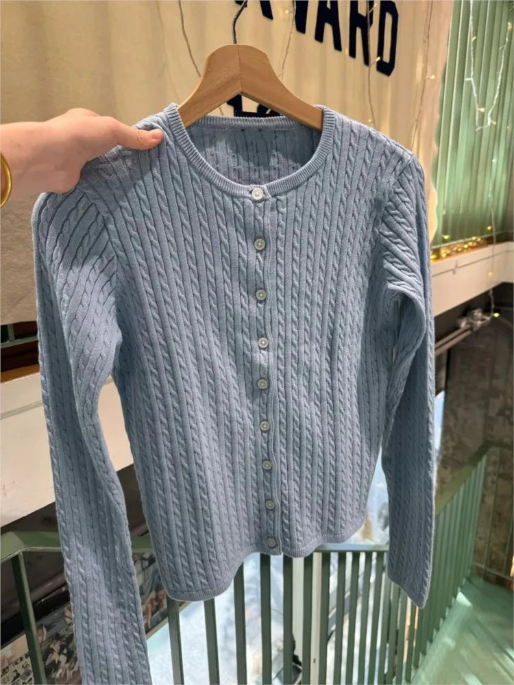 Light Blue Twsited Knitted Cardigan Women Spring Casual Simple Buttons Jumper Chic Preppy Style Sweet Sweaters Y2K