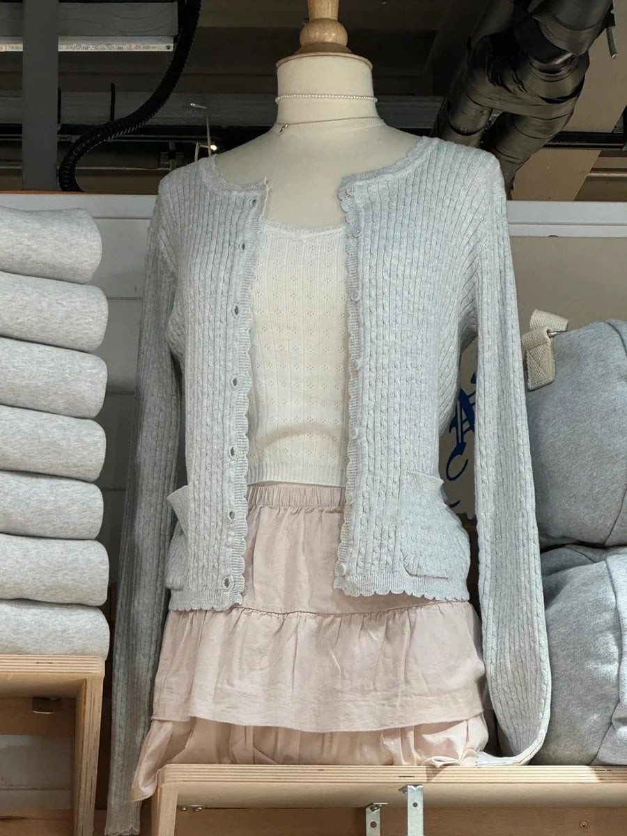 Christmas Red Pockets Slim Knitted Cardigan Woman O-Neck Long Sleeve Cotton Sweaters Sweet Preppy Style Knitwear Coat Tops