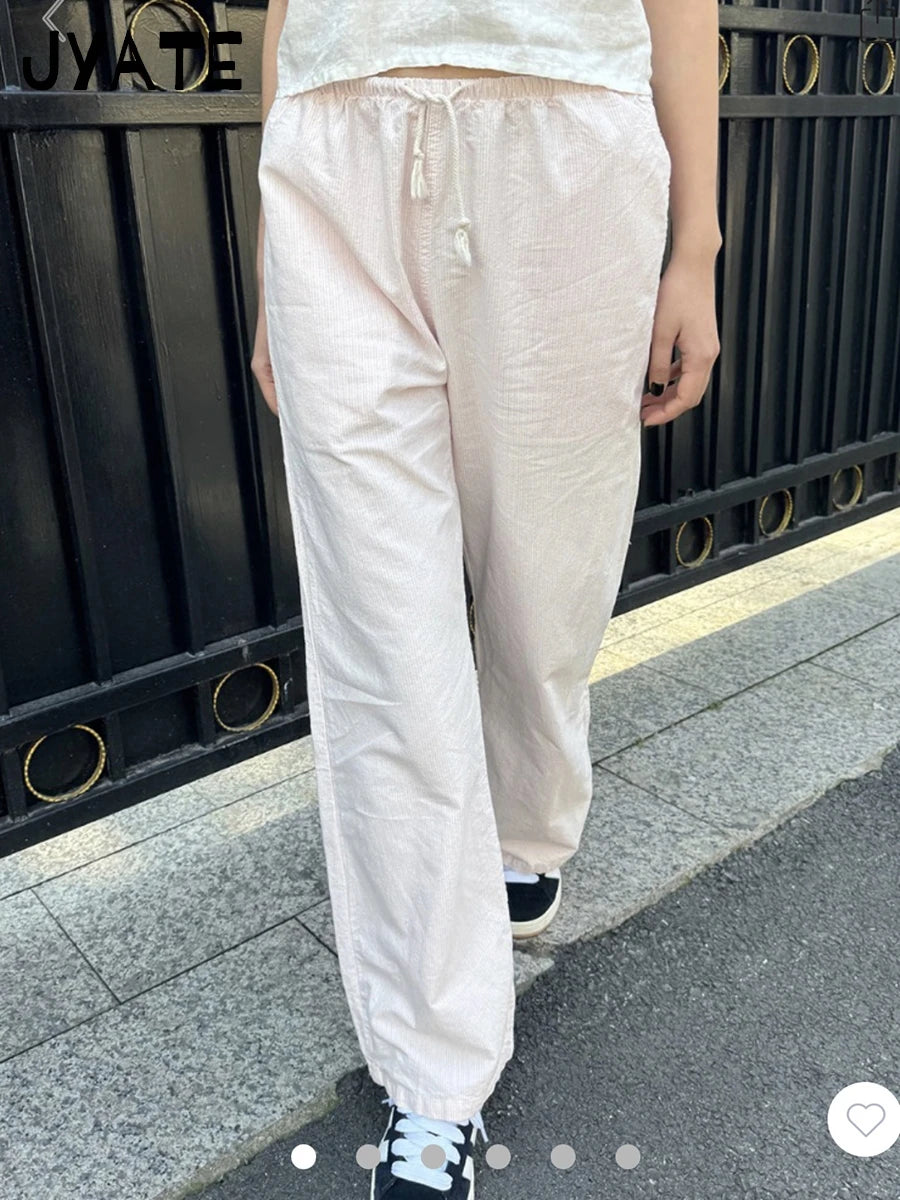 New Pink Striped Drawstring Long Pants Women Cotton Casual High Waist Simple Wide Leg Pant Vintage Loose Streetwear Chic Trouser