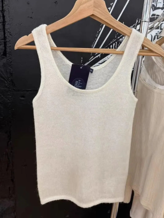 Beige Knitted Thin Smock Tank Top Women Summer Sweet Sleeveless Slim Female Casual Vest Preppy Style Simple Basic Crop Tops New