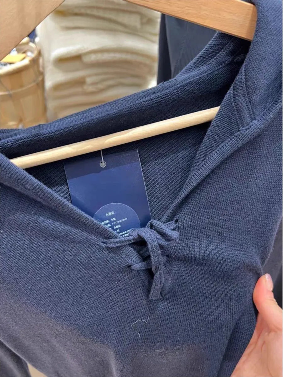 Retro New Navy Hooded Sweaters Women Autumn Cotton Lace-up Long Sleeve Slim Jumpers American Vintage Streetwear Pullover Y2K Top