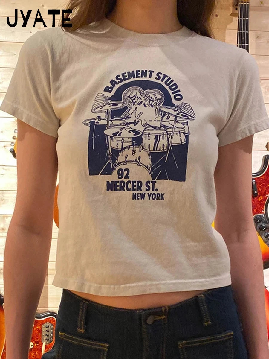 Classic Drum set Print O-neck Short Sleeve Tees Women New Harajuku Cotton Casual Slim Crop Tops Vintage Sweet Chic Y2K T-shirts