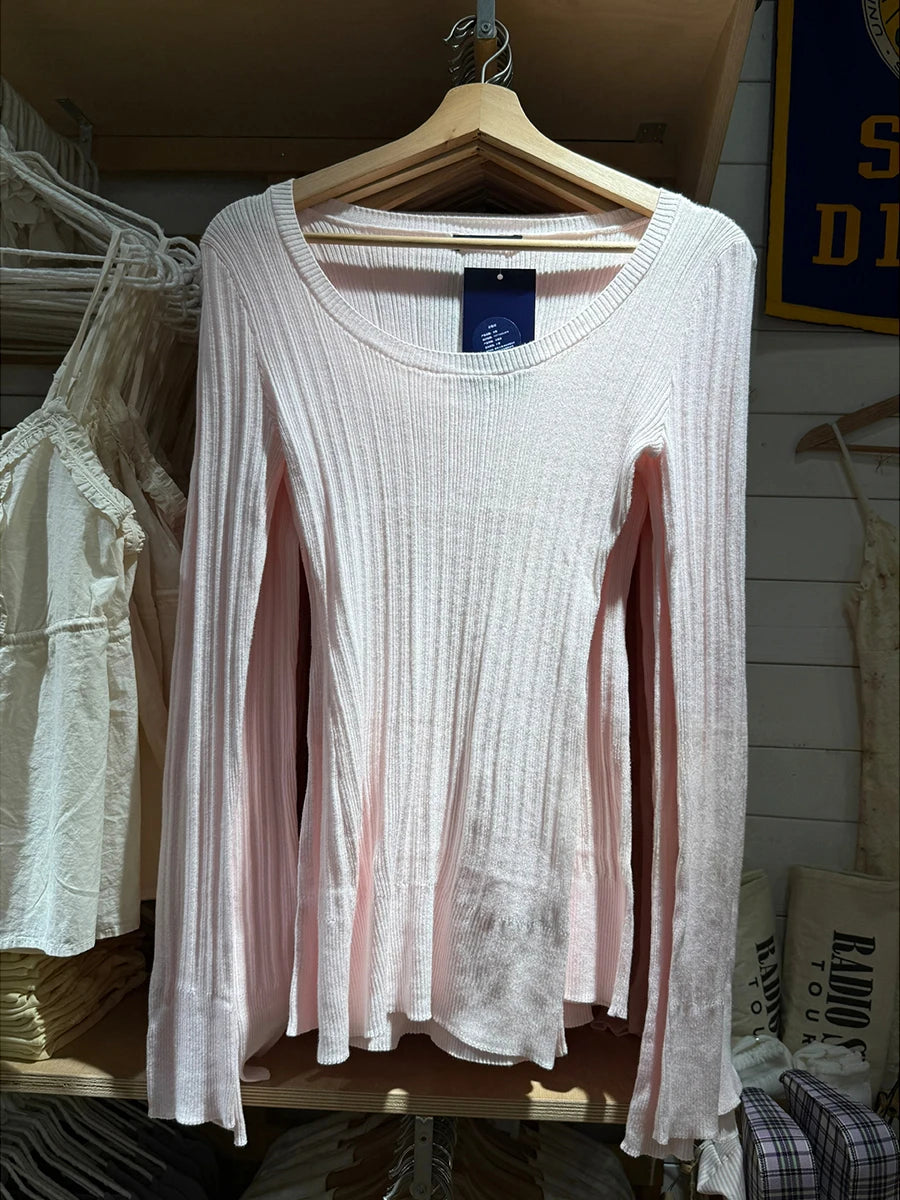 Pink Knit Slim Long Sleeve Tees Women Autumn New Fashion U-neck Cotton Soft T-shirt Cute Preppy Style  Casual T Shirt Y2K Top