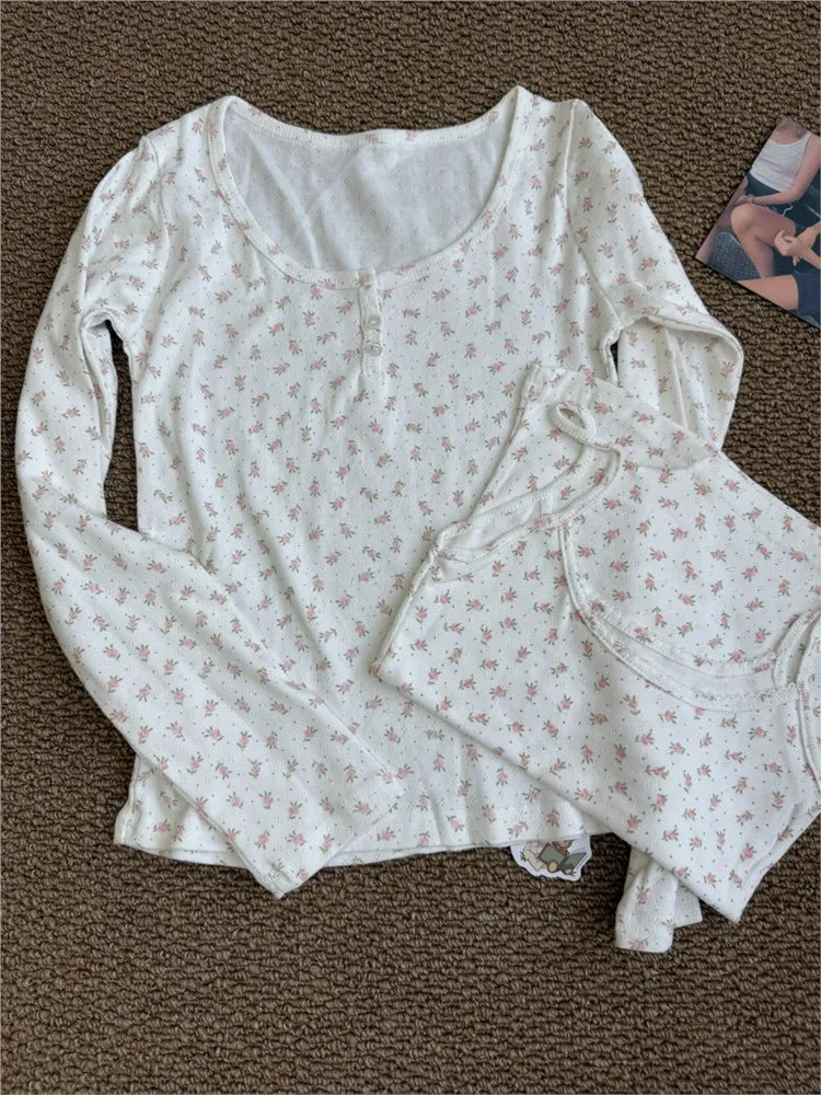 Floral Zelly T-shirts Women Spring Casual Simple Cotton Soft Button Long Sleeve Tees Sweet Cute Preppy Style Tshirt