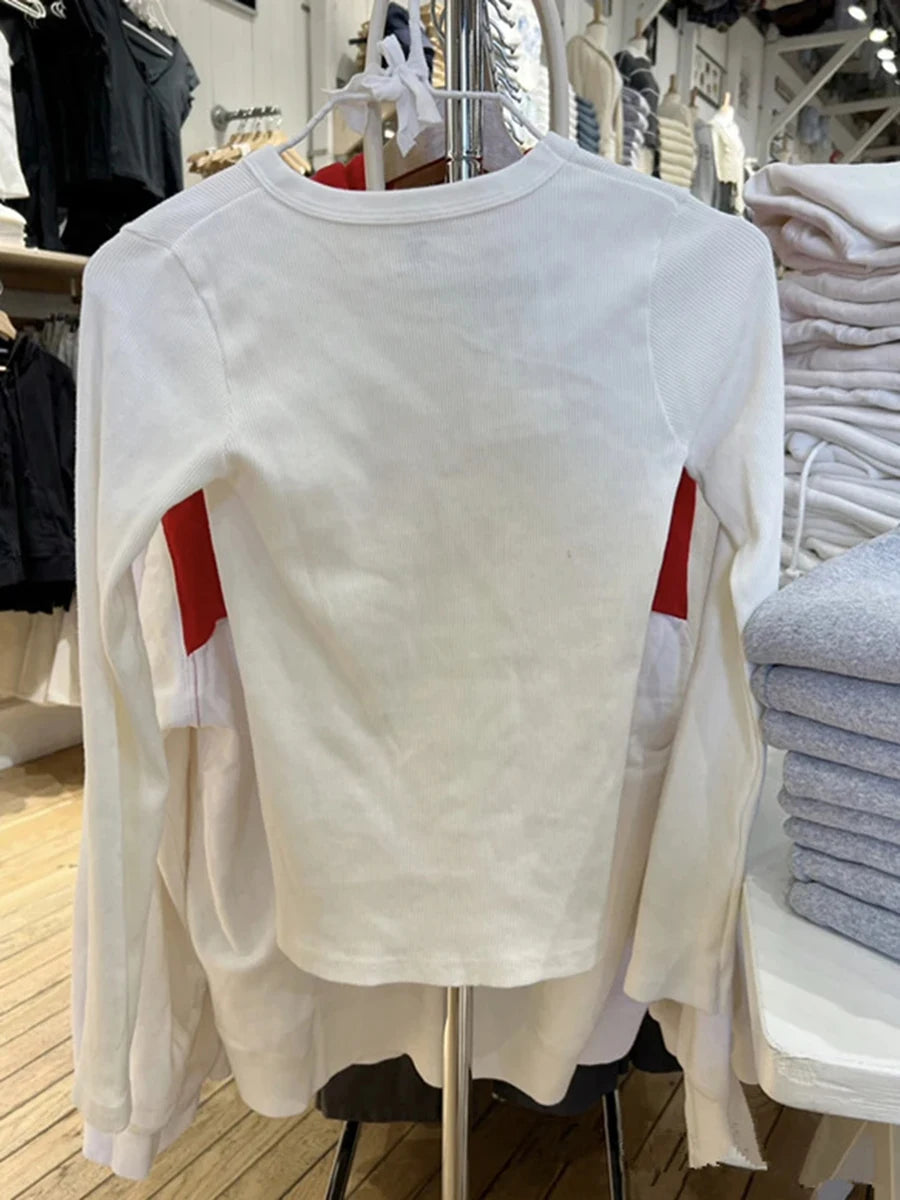 Fashion Letter Print Ribbed T-shirts Women Autumn Solid Cotton  Casual Slim Long Sleeve Tees Female Streetwear Vintage Y2K Tops