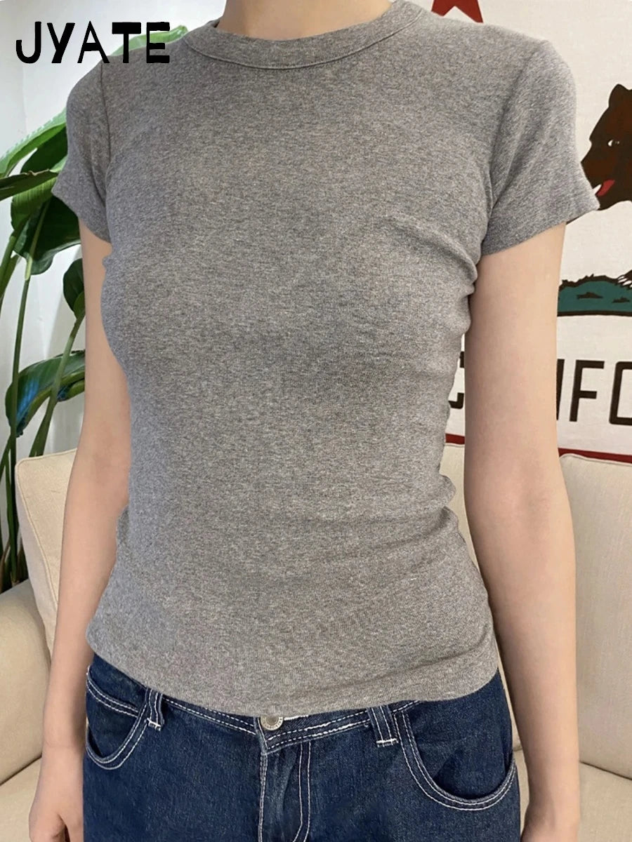 Basic Gray Cotton Soft T-shirts Women Summer New Casual Slim Simple O-neck Short Sleeve Tees Sweet Chic Preppy Style Tops Y2K