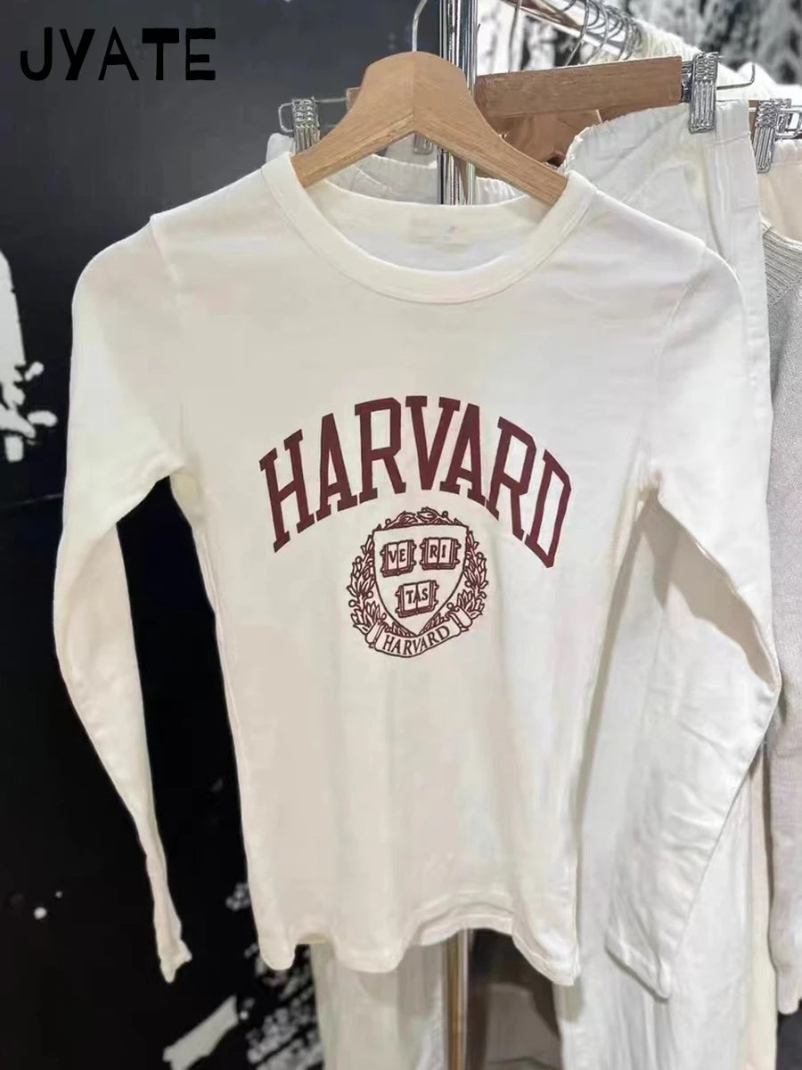 Fashion Letter Print O-neck Long Sleeve Tees Women New Cotton Soft Casual Streetwear Tops Female Sweet Cute Vintage T-shirts Y2K
