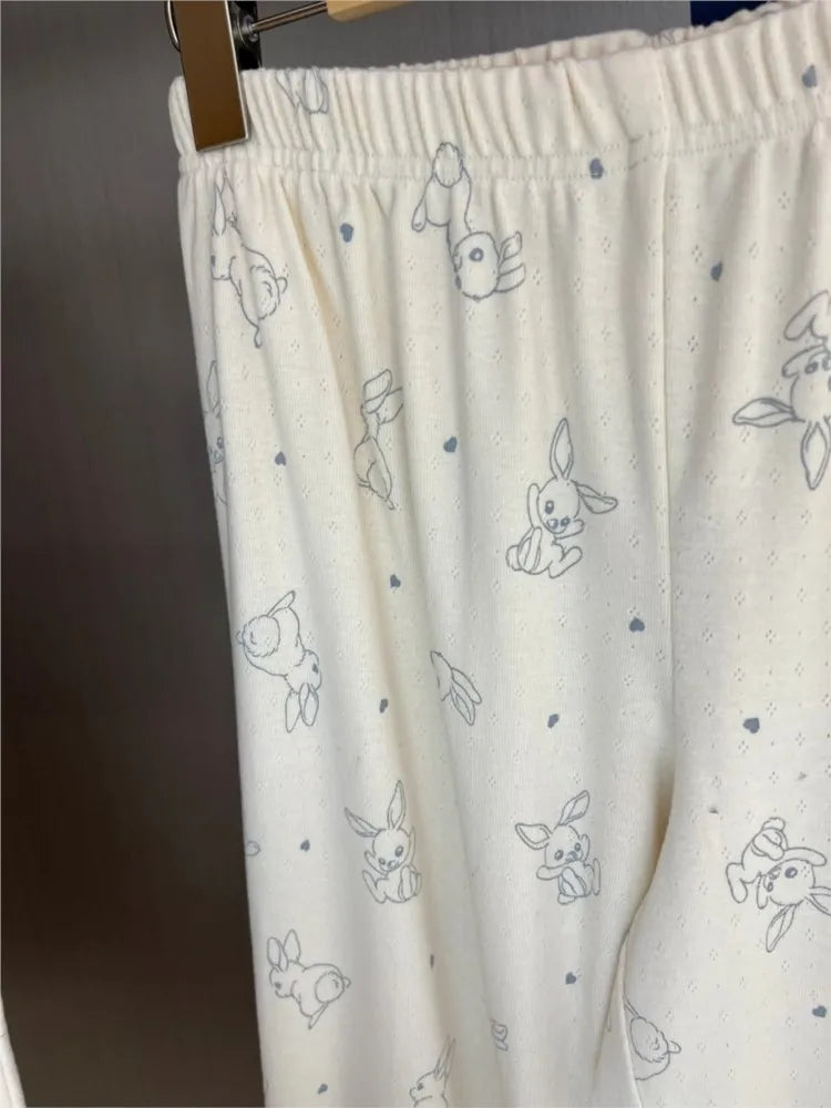 Rabbit Print T-shirts+Eyelet Long Pant Women Summer New Cute Cotton Casual Pajama 2 Piece Set Sweet Vintage Trouser Two Sets Y2K