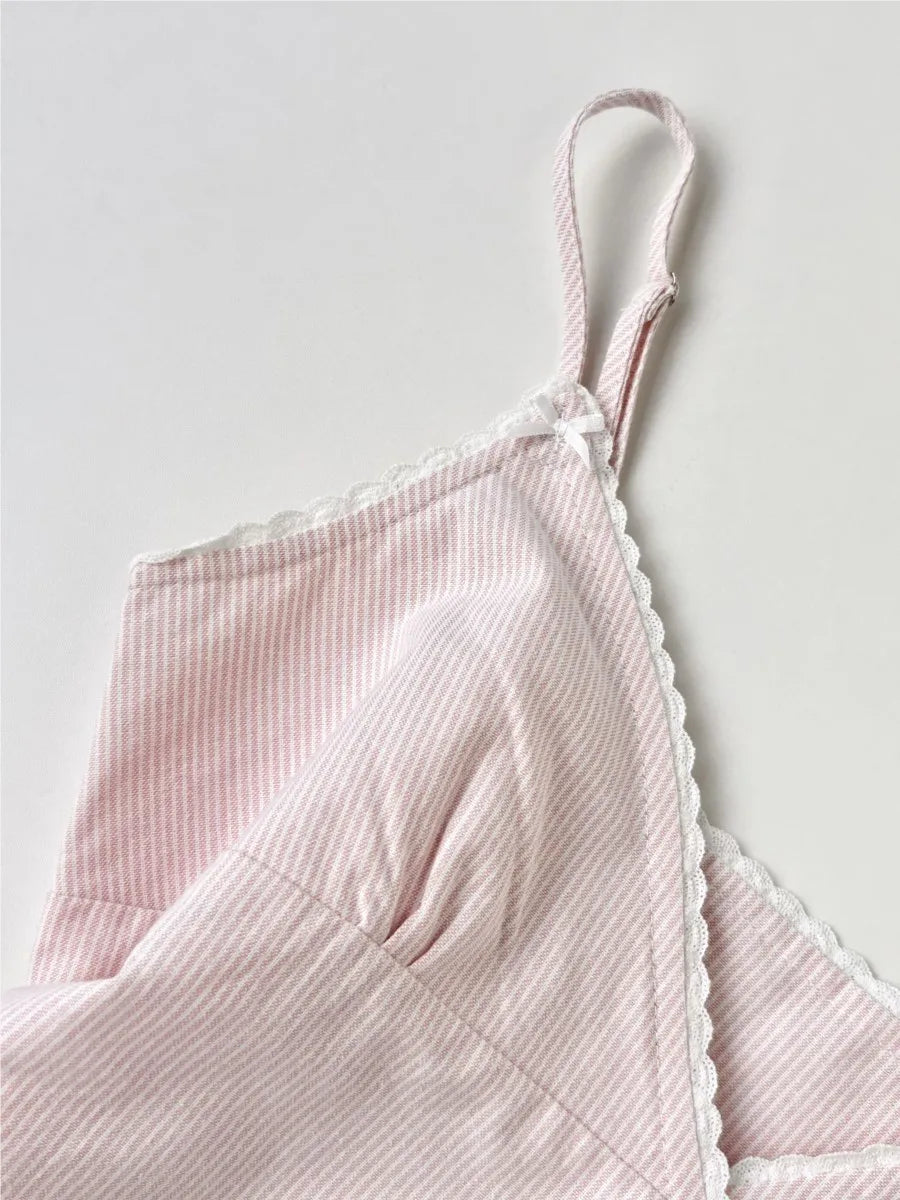 Sweet Pink Striped V-neck Bow Camis Women Summer New Cotton Casual Preppy Style Sleeveless Vests Vintage Chic Cute Tank Tops Y2K