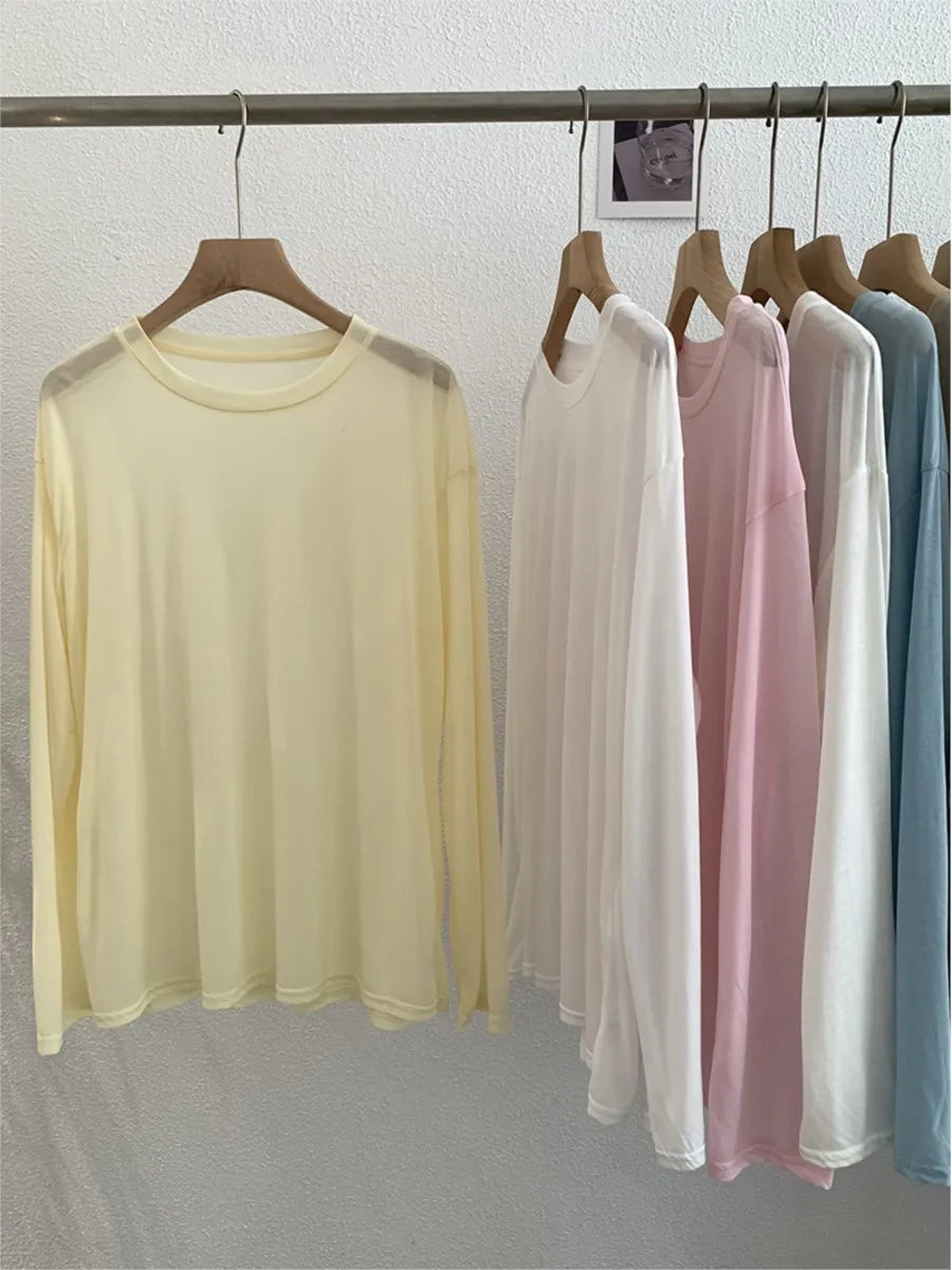 Sweet Thin Sun Protection T-shirts Women Summer Casual Streetwear Lyocell O-neck Long Sleeve Tees Chic Preppy Style Tops Y2K New