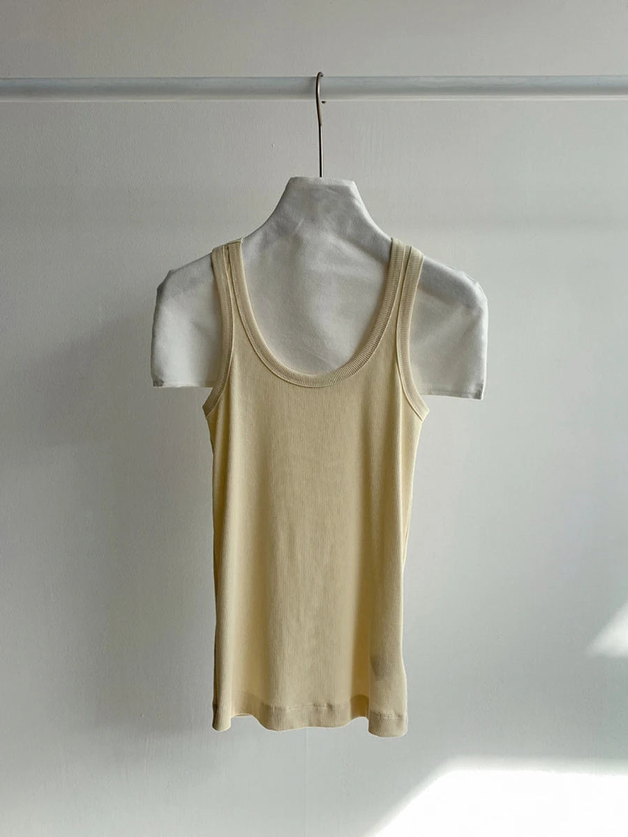 Solid U-neck Slim Sleeve Tank Tops Women Summer Casual Simple Ribbed Cotton Vests Girl Sweet Basic Y2K Preppy Style Camisole New