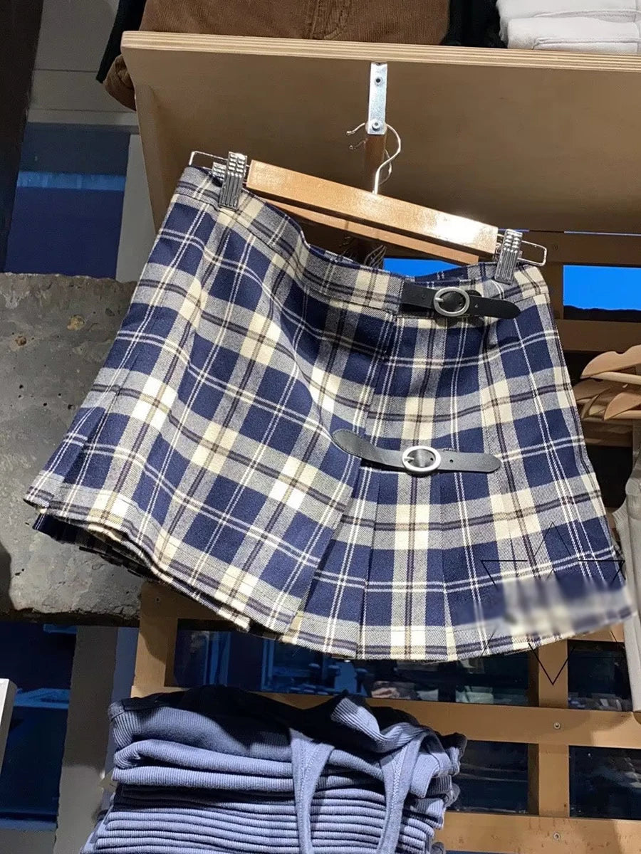 Vintage Preppy Plaid Low Waist Mini Skirt Women Streetwear Aestjetic Chic Sexy Buckle Pleated Skirts Retro Sweet Cute Faldas Y2K