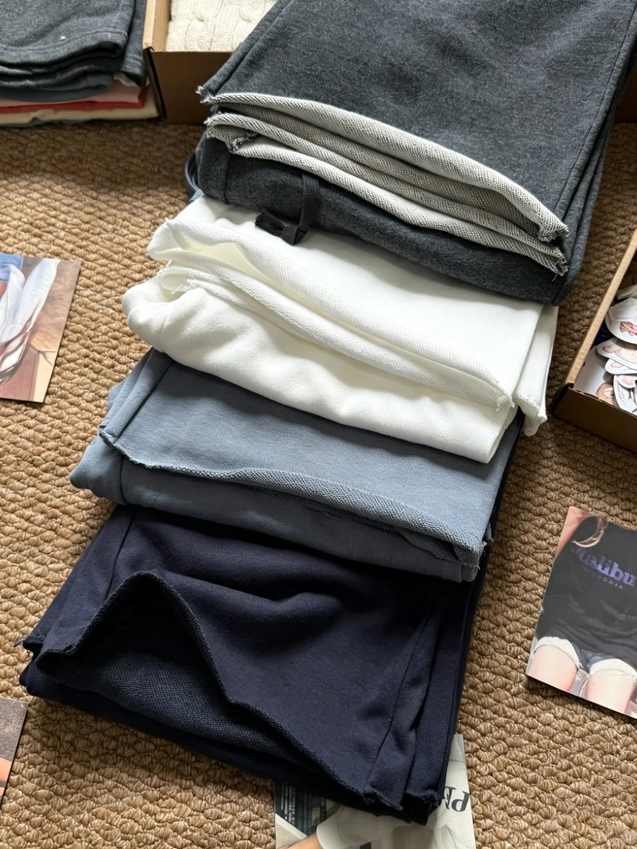 Raw Hem Drawstring Sweatpants Women New Simple Basic Casual High Waist Wide Leg Pants Vintage Sweet Loose Joggers Trousers Y2K