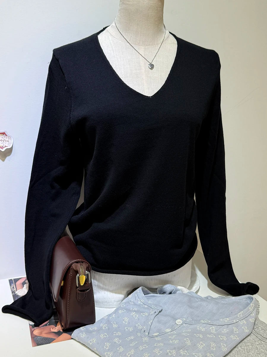 Harajuku Solid Raw Trim V-neck Long Sleeve Tees Women Autumn New Simple Casual Streetwear Tops Sweet Vintage Basic T-shirts Y2K